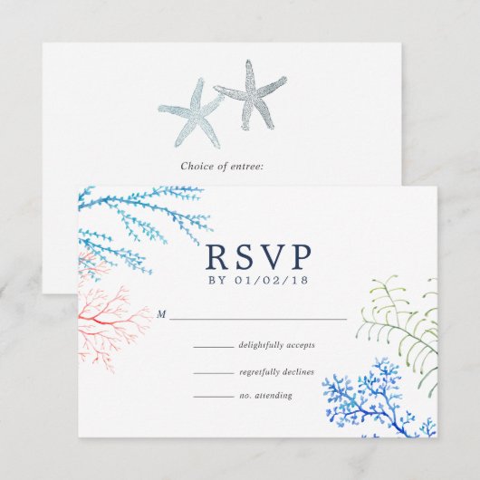 Waterverf Seaweed Beach Threadding RSVP Kaartje (Voorkant / Achterkant)