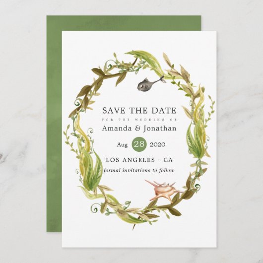 Waterverf Seaweed Beach Threadding Save The Date (Voorkant / Achterkant)