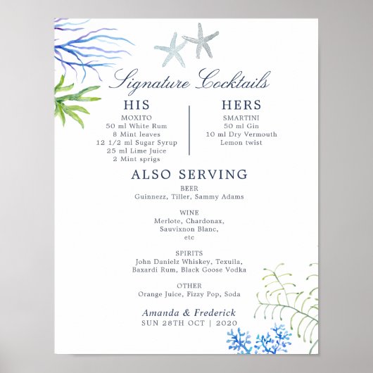 Waterverf Seaweed Beach Wedding Cocktails Menu Poster (Voorkant)