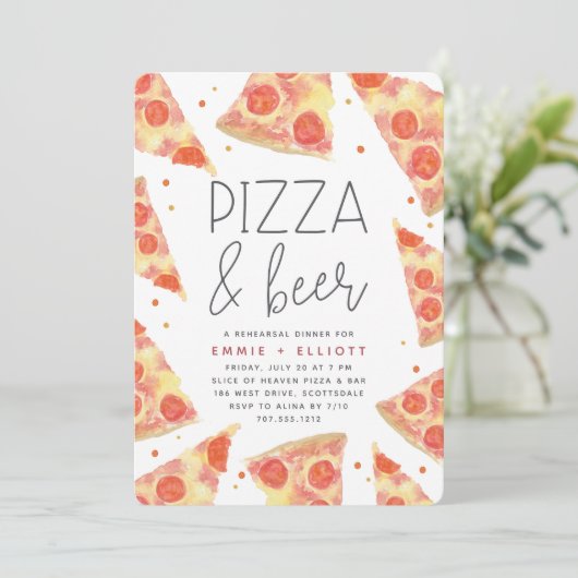 Waterverf Segment | Pizza & Beer Rehearsal Dinner Kaart (Staand voorkant)