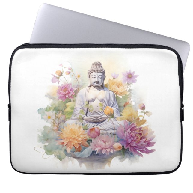 Waterverf Serene Boeddha Roze Geel Bloemen Kunst Laptop Sleeve (Voorkant)
