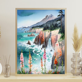 Waterverf Serene kustlandschap Wildflower Poster