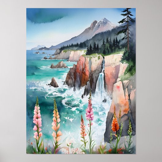 Waterverf Serene kustlandschap Wildflower Poster (Voorkant)