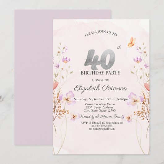 Waterverf Sering Wilde Bloemen Paars 40e Verjaarda Kaart (Voorkant / Achterkant)