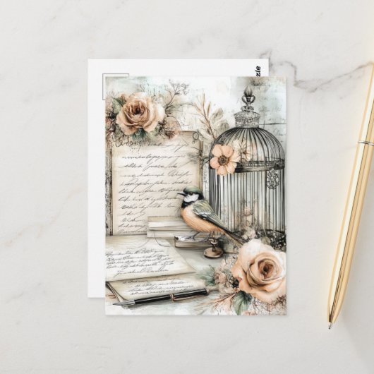 Waterverf Shabby Chic Bird & Cage Briefkaart (Voorkant / Achterkant in situ)