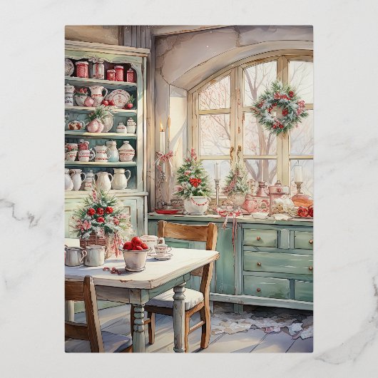 Waterverf Shabby Chic Christmas Kitchen Folie Feestdagen Briefkaart (Voorkant)