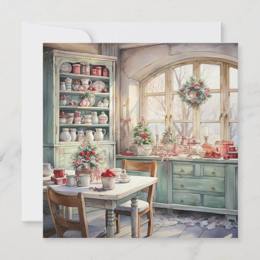 Waterverf Shabby Chic Christmas Kitchen Notitiekaartje (Voorkant)