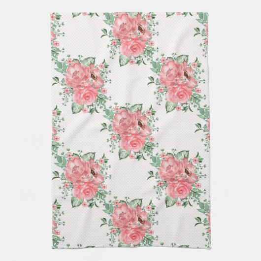 Waterverf Shabby Chic Pink Roses and Polka Dots Theedoek (Verticaal)