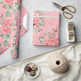 Waterverf Shabby Chic Roze Rozen en Stippen Cadeaupapier