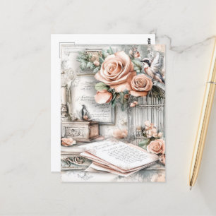 Waterverf Shabby Chic Vogelkooi & Rozen Briefkaart