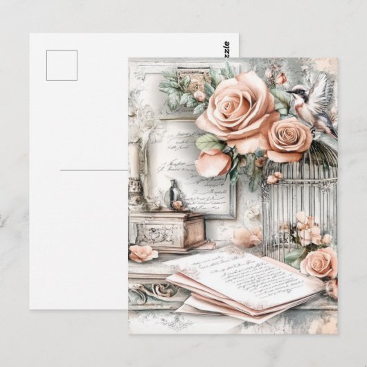 Waterverf Shabby Chic Vogelkooi & Rozen Briefkaart (Voorkant / Achterkant)