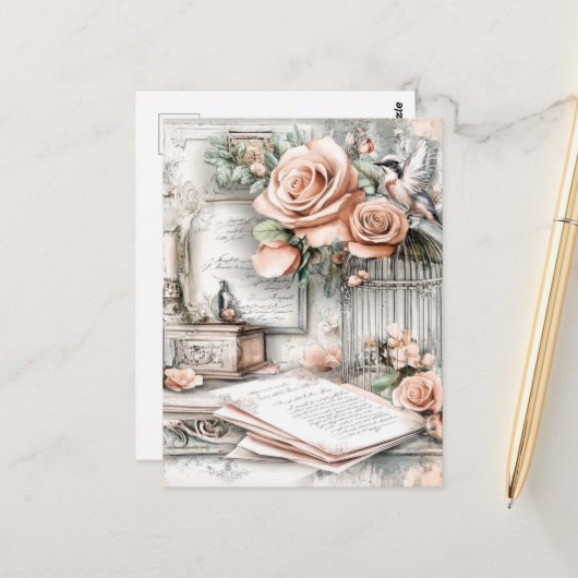 Waterverf Shabby Chic Vogelkooi & Rozen Briefkaart (Voorkant / Achterkant in situ)