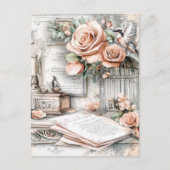 Waterverf Shabby Chic Vogelkooi & Rozen Briefkaart (Voorkant)