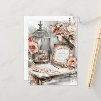 Waterverf Shabby Chic Vogelkooi Vogel & Rozen Briefkaart
