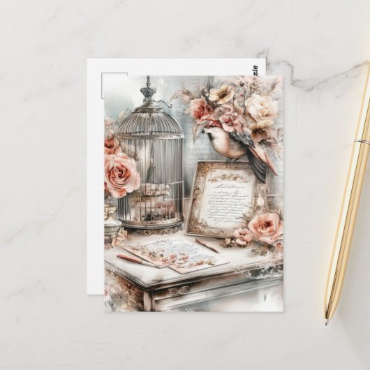 Waterverf Shabby Chic Vogelkooi Vogel & Rozen Briefkaart (Voorkant / Achterkant in situ)