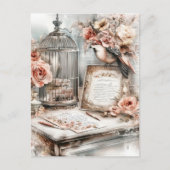 Waterverf Shabby Chic Vogelkooi Vogel & Rozen Briefkaart (Voorkant)