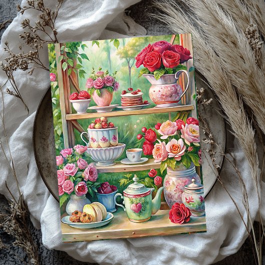 Waterverf  shabby chique theetafel rode rozen tissuepapier