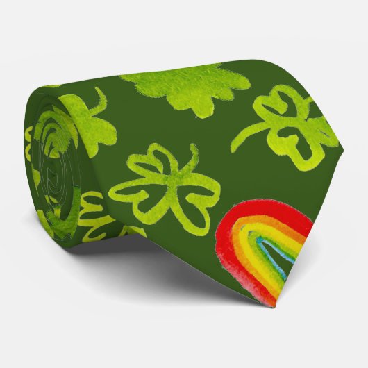 Waterverf Shamrocks en Rainbows Irish Green Stropdas (Opgerold)