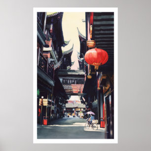 waterverf "Shanghai Market" China Poster