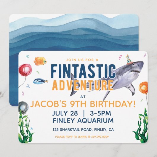 Waterverf Shark Birthday Invitation Kaart (Voorkant / Achterkant)