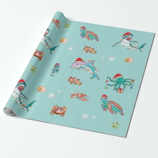 Waterverf Shark Reef Kerstmis Zee Life Dolphin Cadeaupapier (Uitgerold)