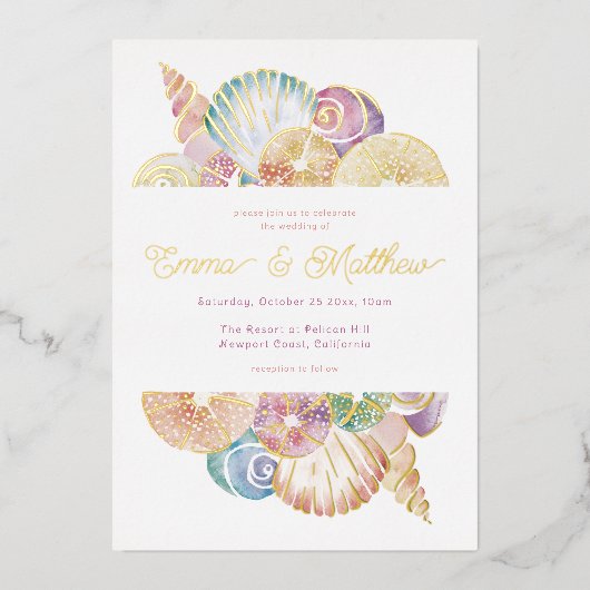 Waterverf Shell Onder het Zee Bruiloft Folie Uitnodiging (Voorkant)