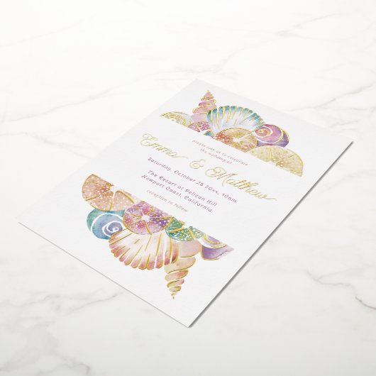 Waterverf Shell Onder het Zee Bruiloft Folie Uitnodiging (Gedraaid)