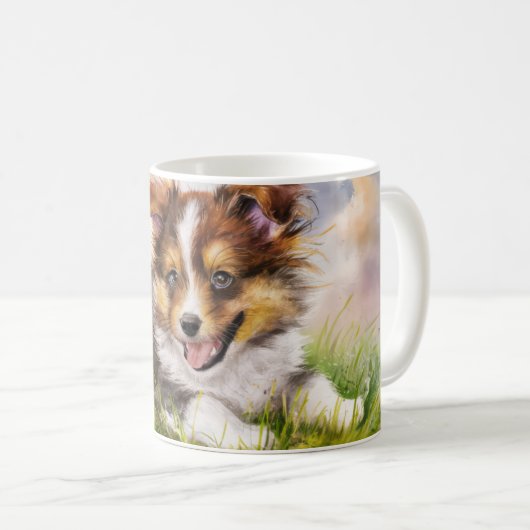Waterverf Sheltie Puppy Koffiemok (Voorkant rechts)