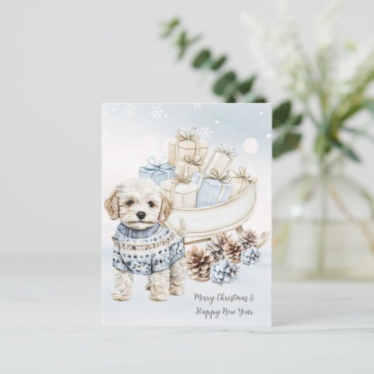 Waterverf Shih Poo Winter Blue Christmas Briefkaar Feestdagenkaart (Staand voorkant)