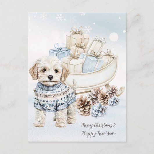 Waterverf Shih Poo Winter Blue Christmas Briefkaar Feestdagenkaart (Voorkant)