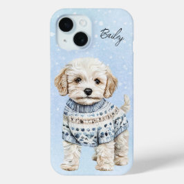 Waterverf Shih-Poo wintertrui  iPhone 15 Case