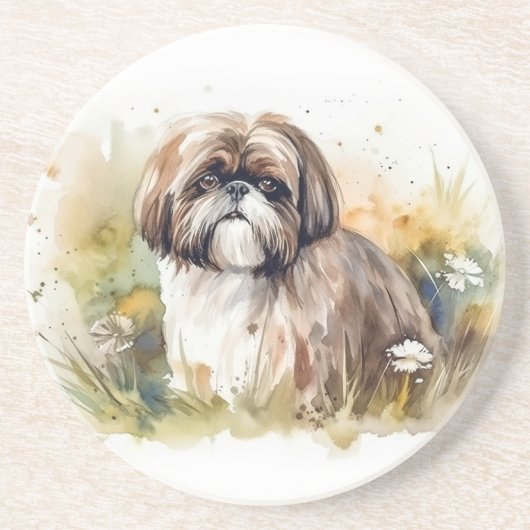 Waterverf Shih Tzu Zandsteen Onderzetter (Voorkant)