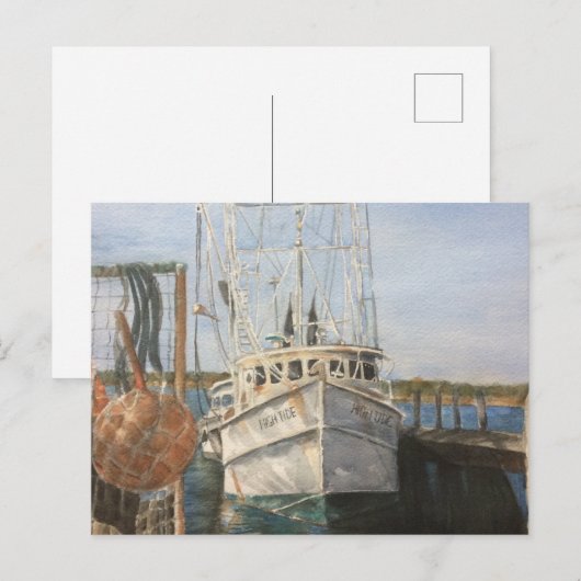 Waterverf Shrimp Boat Coastal Invitation Briefkaar Uitnodiging Briefkaart (Voorkant / Achterkant)