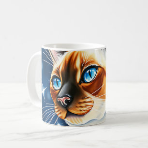 Waterverf Siamese kat verkent een sterrenverlichte Koffiemok