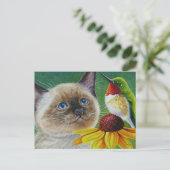 Waterverf Siamese Kitten en Hummingbird Art Briefkaart (Staand voorkant)