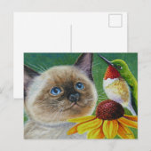 Waterverf Siamese Kitten en Hummingbird Art Briefkaart (Voorkant / Achterkant)