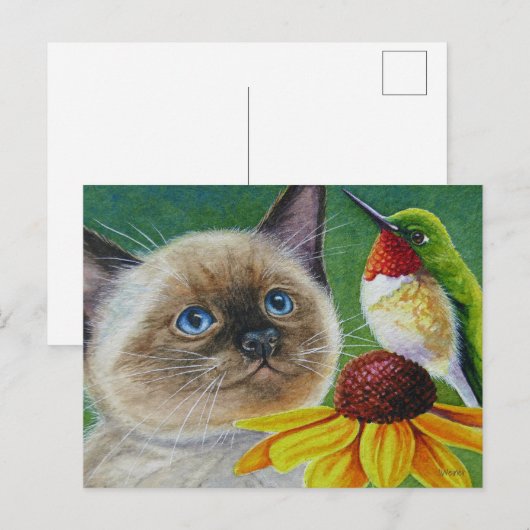 Waterverf Siamese Kitten en Hummingbird Art Briefkaart (Voorkant / Achterkant)