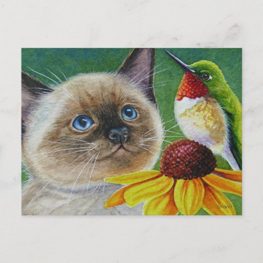 Waterverf Siamese Kitten en Hummingbird Art Briefkaart (Voorkant)