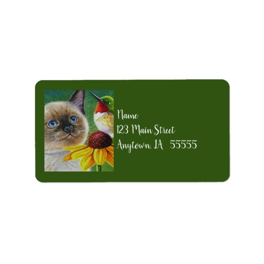 Waterverf Siamese Kitten en Hummingbird Art Etiket (Voorkant)