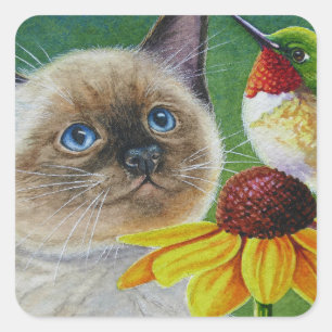 Waterverf Siamese Kitten en Hummingbird Art Vierkante Sticker