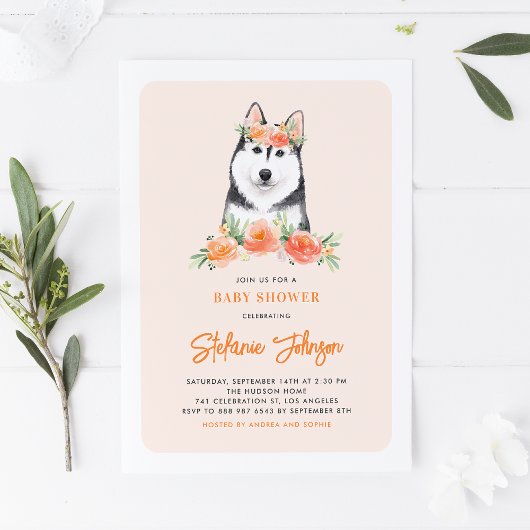 Waterverf Siberian Husky Peach Floral Baby shower Kaart