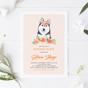 Waterverf Siberian Husky Peach Floral Birthday Kaart