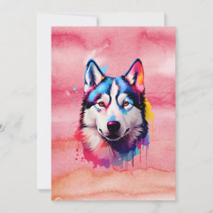 Waterverf Siberische Husky kleurrijke kunst Feestdagenkaart