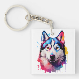 Waterverf Siberische Husky kleurrijke kunst Sleutelhanger