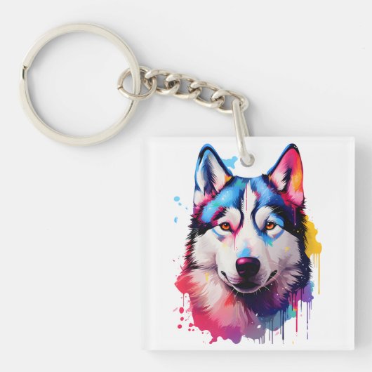 Waterverf Siberische Husky kleurrijke kunst Sleutelhanger (voorkant)