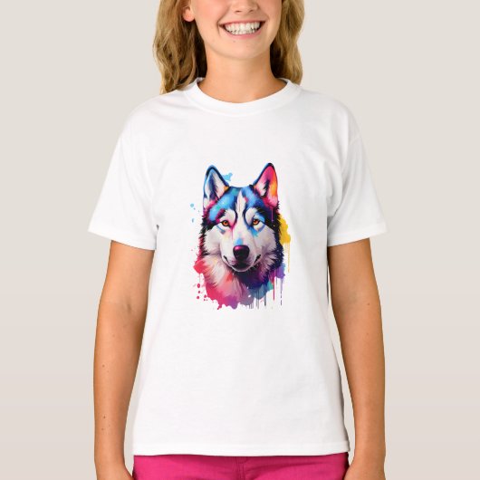 Waterverf Siberische Husky kleurrijke kunst T-shirt (Voorkant)