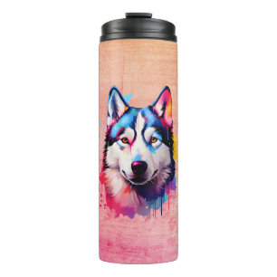 Waterverf Siberische Husky kleurrijke kunst Thermosbeker
