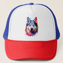 Waterverf Siberische Husky kleurrijke kunst Trucker Pet