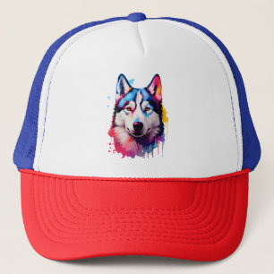 Waterverf Siberische Husky kleurrijke kunst Trucker Pet