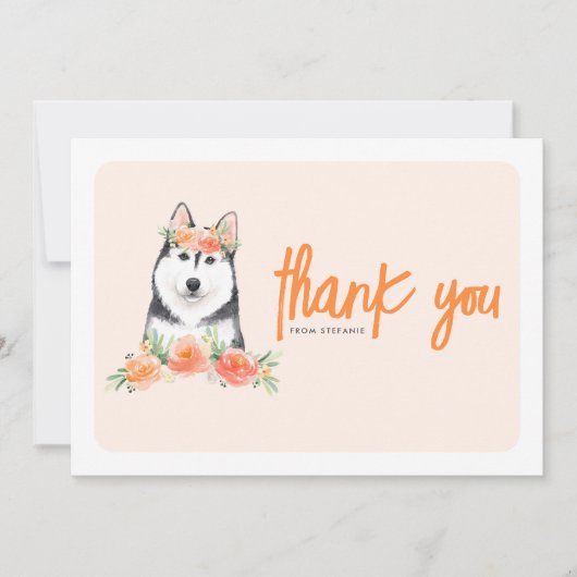 Waterverf Siberische Husky Perzikbloemen Verjaarda Bedankkaart (Voorkant)